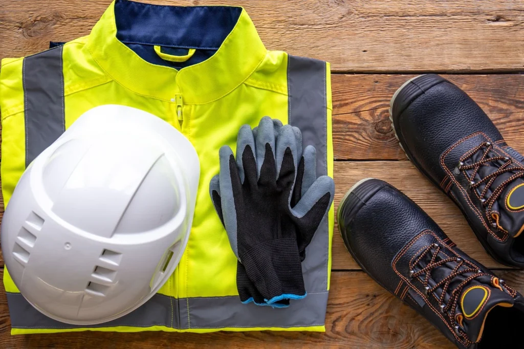 Equipo de seguridad para un obrero sobre una mesa de madera.